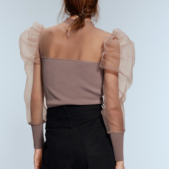 ZARA DUSTY PINK KNIT BANDAGE CHIFFON RUFFLE ORGANZA LONG SLEEVE TOP BLOUSE $69.9 - Picture 5 of 9